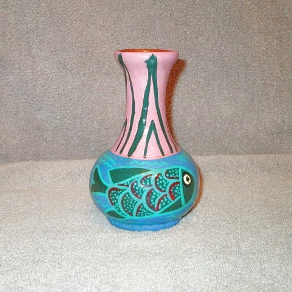 Vtg Mexican Talavera Pottery Vase Hand Painted Fish Folk Art Reversible Colors